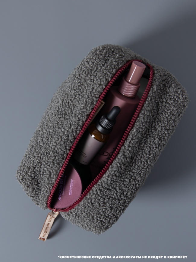 Косметичка "Барашек", тёмно-серый цвет, бордовая молния, (20х12х12 см) фото 3
